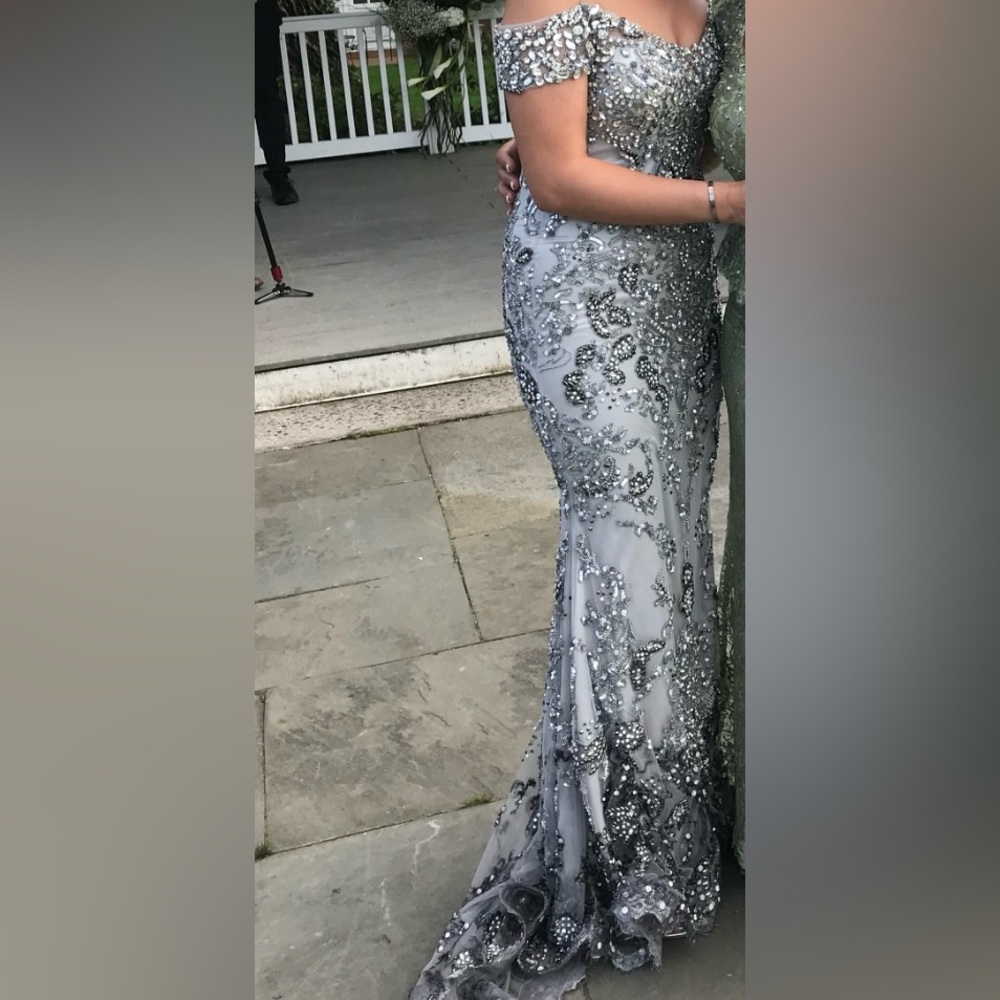Elegant Silver Embellished Evening Gown - Picture 4 of 6